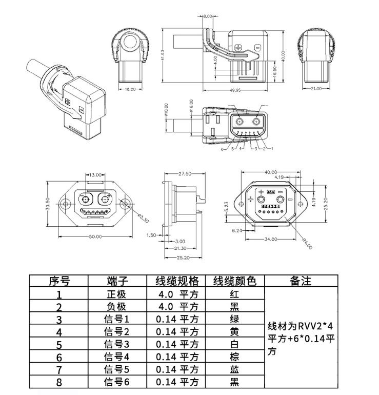 E Bike Charging Connector Anti-sparking 50A FB2107 2+6 Pin Energy Storgy Power Connector